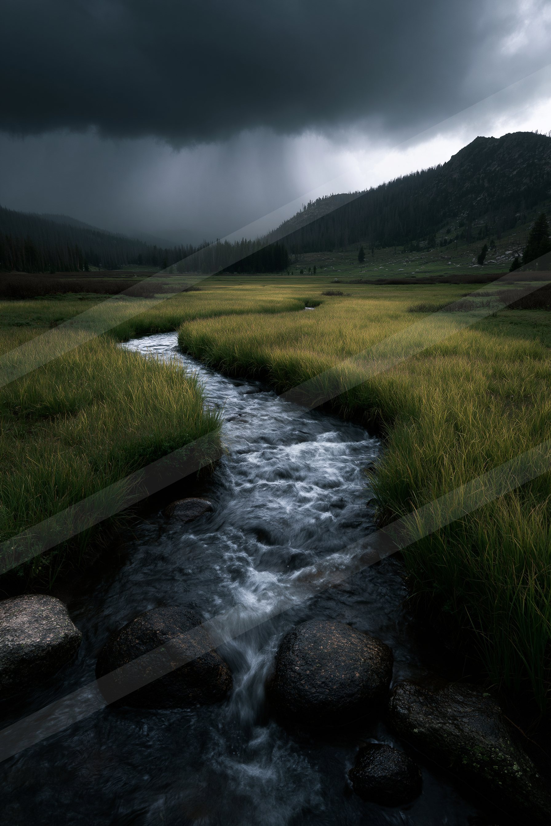 A dramatic long exposure water scene of a stream, ripples.