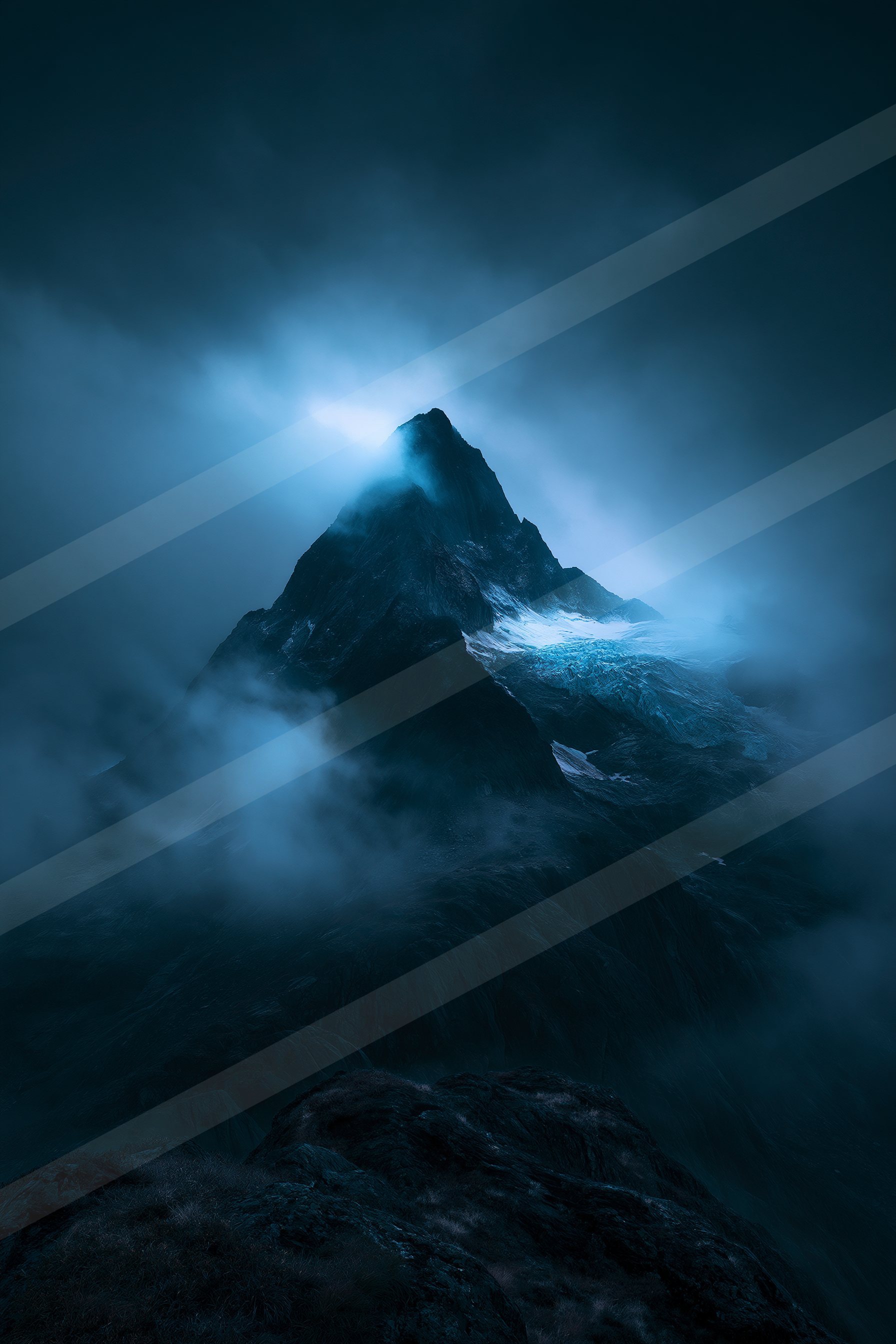 A night long exposure landscape of a mountains, fog.