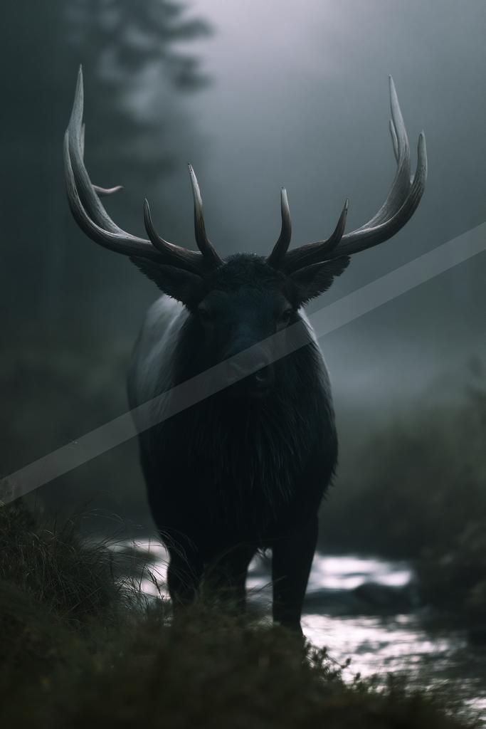 A large dark elk with impressive antlers stands facing the camera in a misty forest beside a stream.