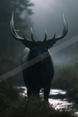 A large dark elk with impressive antlers stands facing the camera in a misty forest beside a stream.