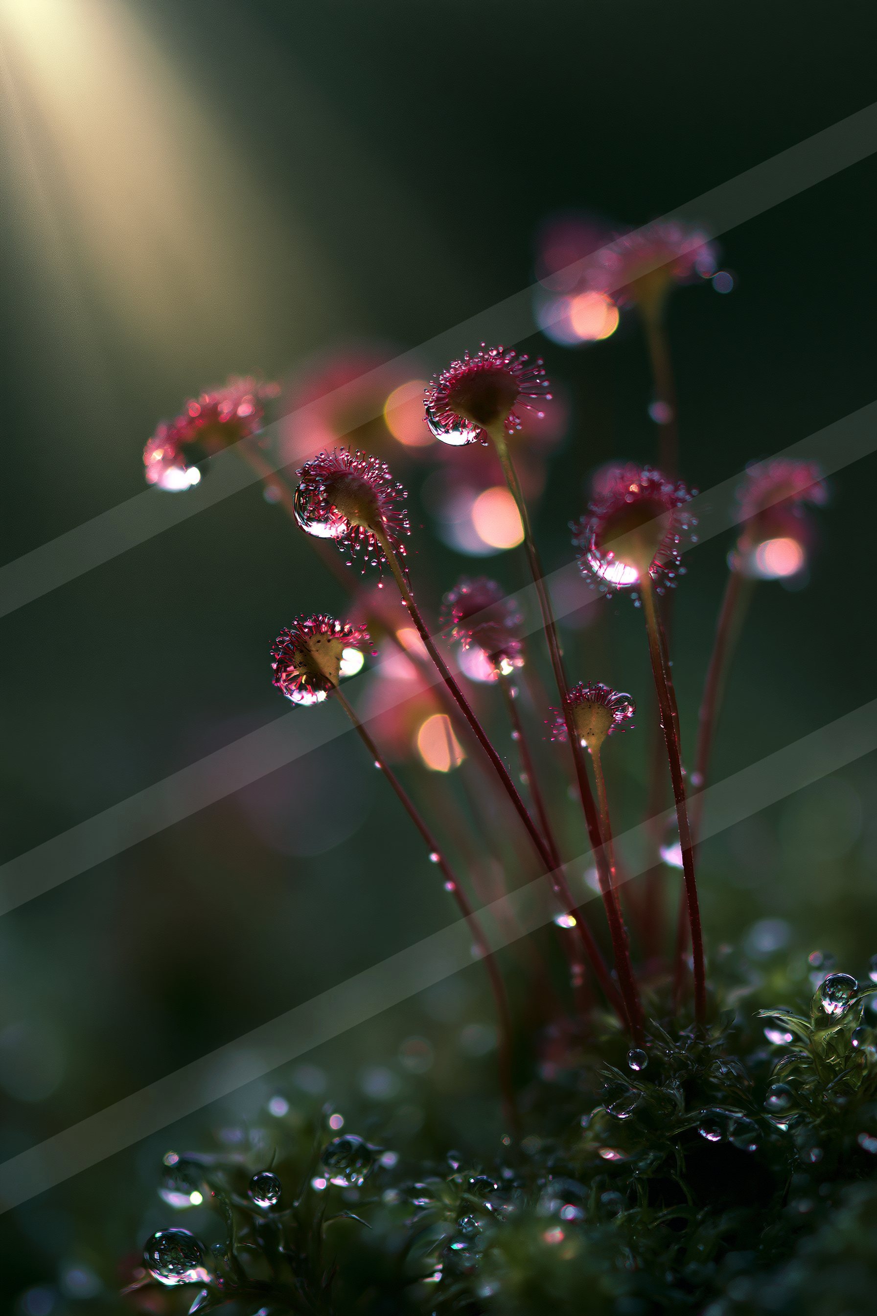 A cluster of dew-covered moss with delicate, backlit blooms emerging from a dark forest floor.