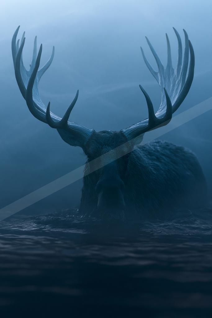 A large moose with prominent antlers stands in dark rippling water, surrounded by thick blue fog, creating an atmospheric and mysterious scene.