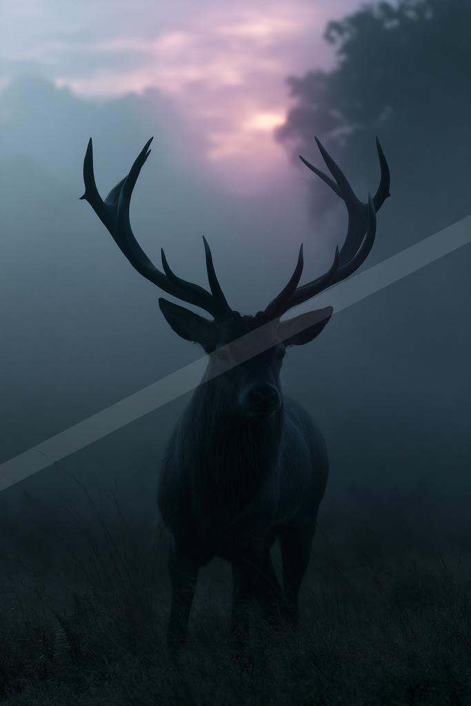 A large male deer with impressive antlers stands in a misty field, looking directly at the viewer against a purple and pink twilight sky.