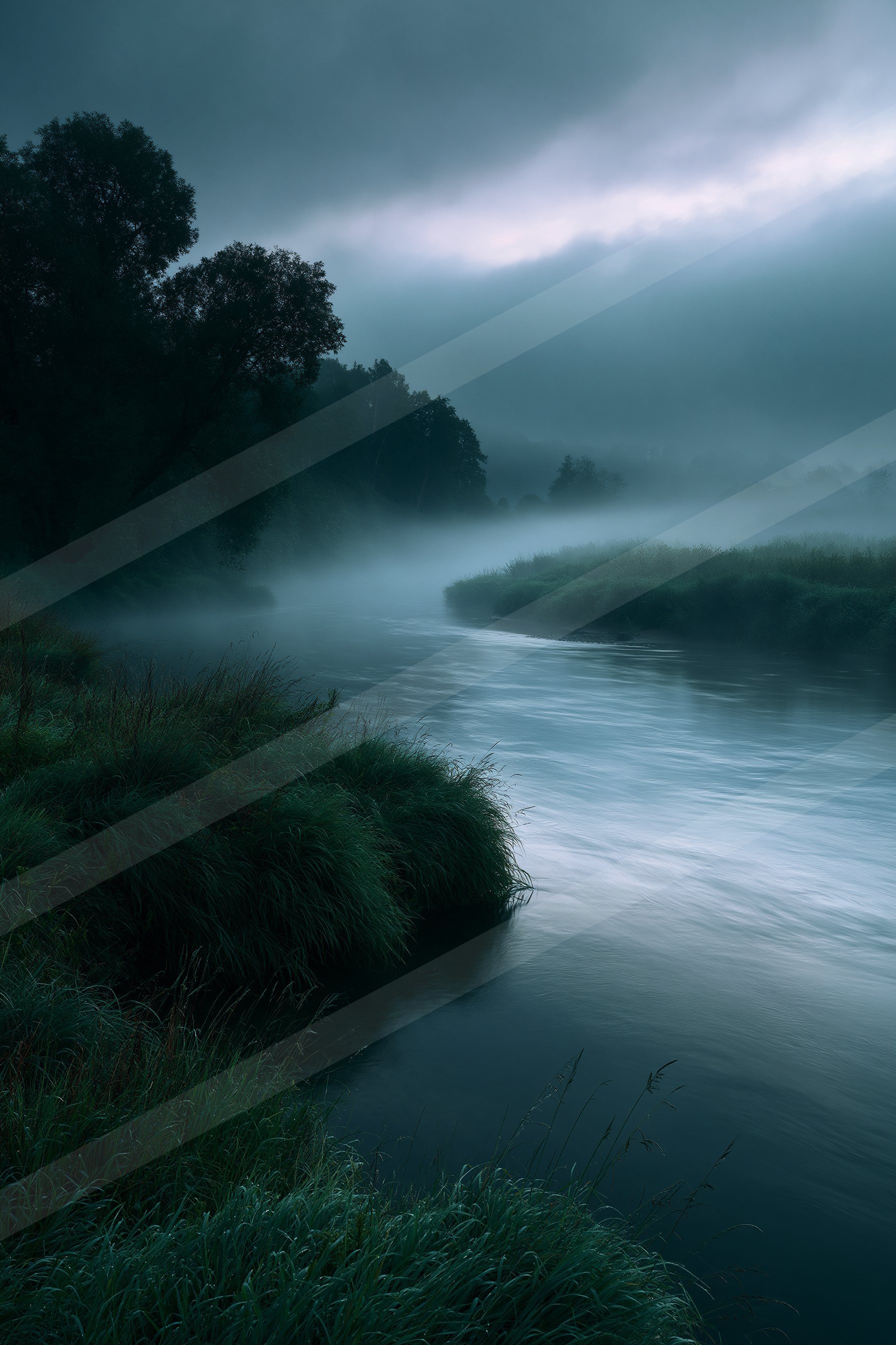 A mysterious high contrast water scene of a river, fog.