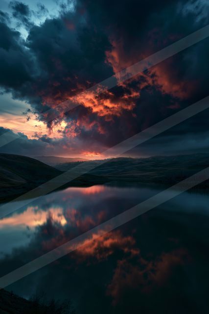 A dramatic panorama sky scene of a sunset, reflection.
