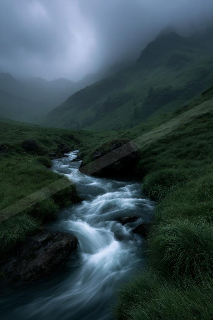 A fast-flowing stream with white water rushes through a lush green valley with rocks and grass, surrounded by misty mountains under a cloudy sky.
