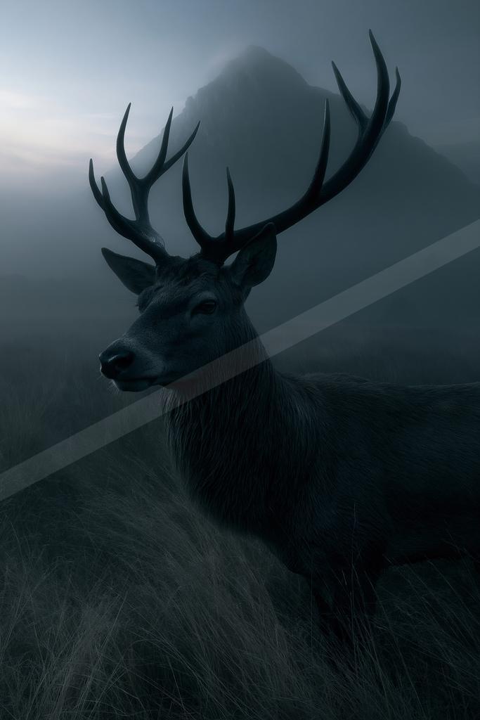 A large male deer with impressive antlers stands in tall grass, looking to the side, with a foggy mountain in the background.