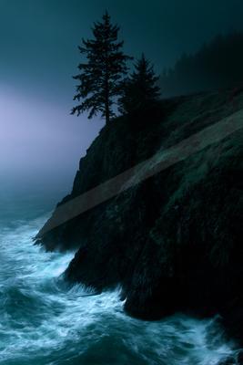 A dramatic rocky cliff covered in green vegetation meets turbulent ocean waves, with two silhouetted evergreen trees standing against a foggy, dark teal sky.