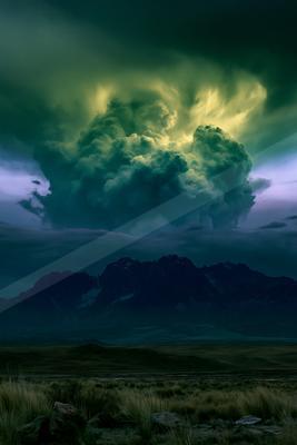 A moody sky scene of storm, clouds, mountains.