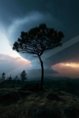 A solitary pine tree stands silhouetted on a rocky hilltop against a dramatic, swirling stormy sky with hints of light breaking through the clouds.