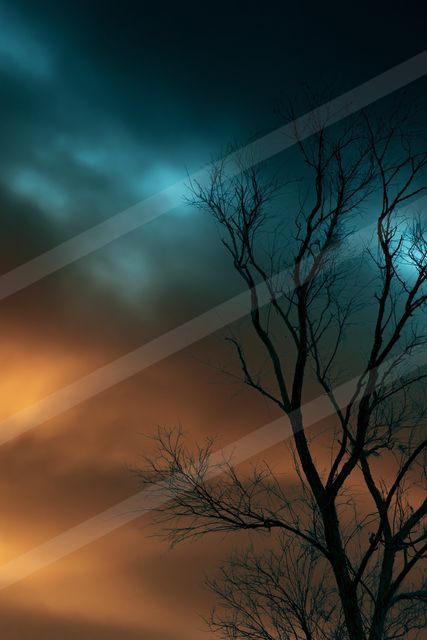 A night high contrast sky scene of a sunset, fog.