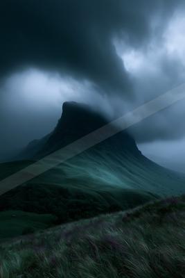 A large flat-topped mountain rises through thick swirling mist beneath a dark, ominous stormy sky, with a foreground of windswept grass and heather.