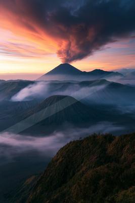 A moody landscape of mountains.