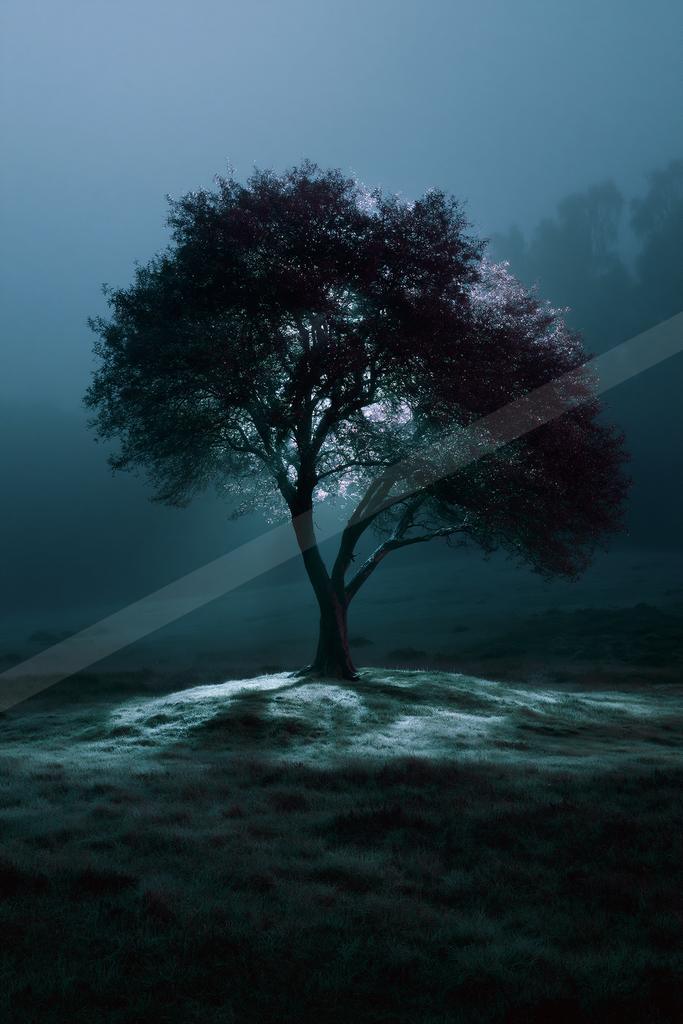 A mysterious high contrast nature scene of an oak tree, fog.