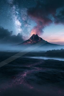 A night landscape of mountains, starry sky.