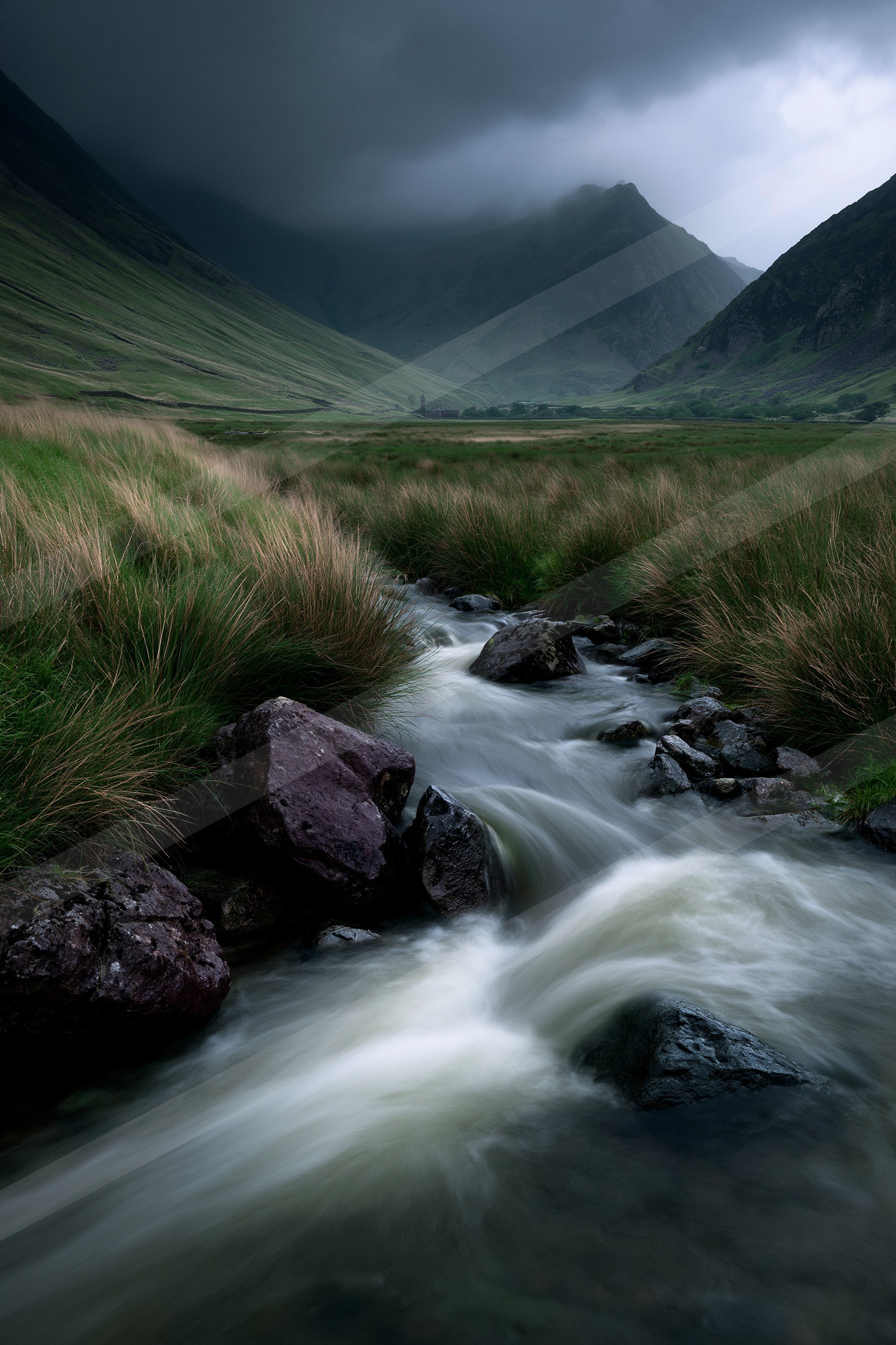 A dramatic long exposure water scene of a stream, fog.