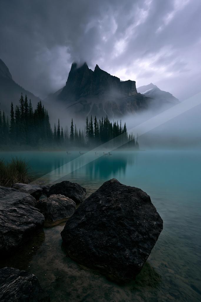 A brown-toned moody photograph of lakeside, valley, alp.
