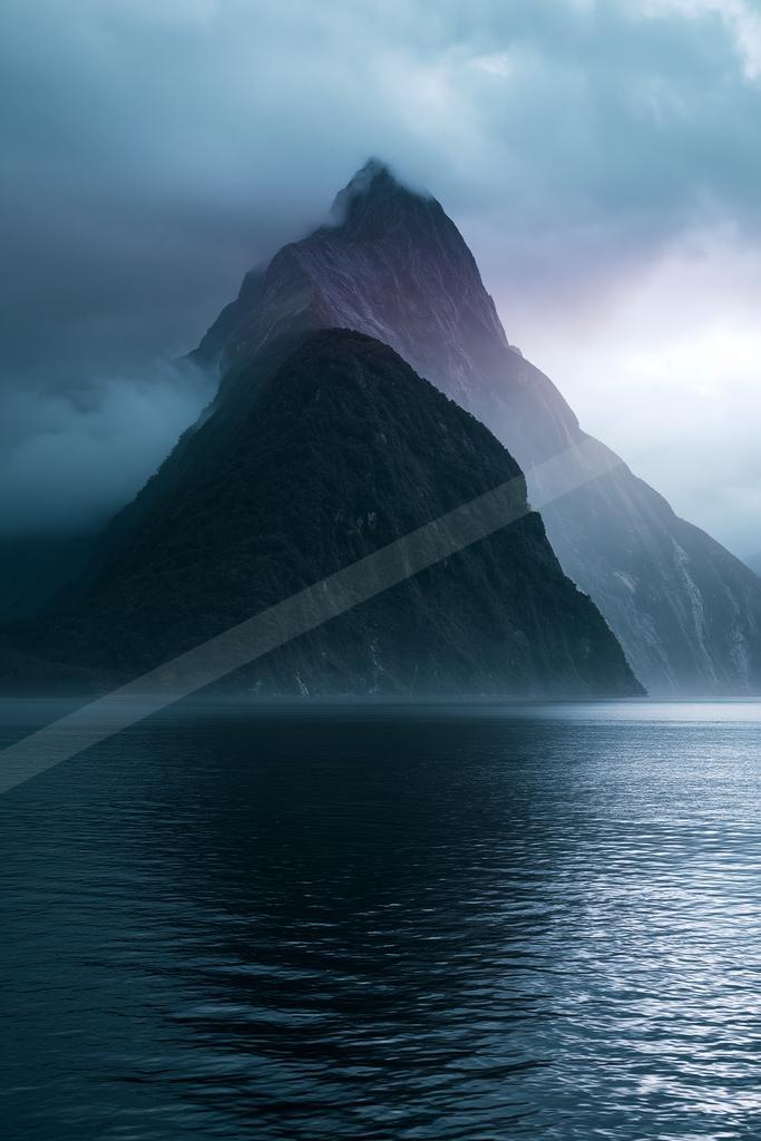 A serene landscape of mountains, lake, fog.