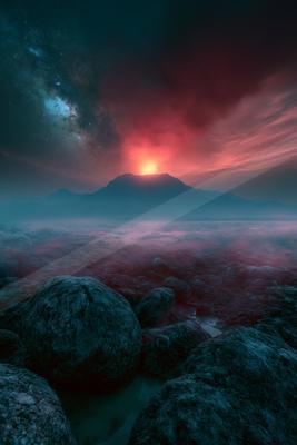 A surreal landscape featuring a glowing red peak surrounded by misty terrain under a star-filled sky.