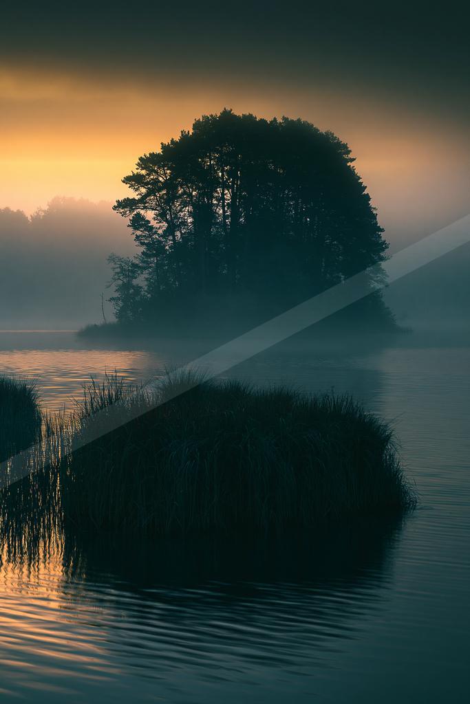 A brown-toned moody photograph of lakeside, boathouse, seashore.