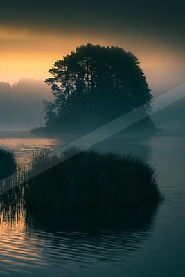 A brown-toned moody photograph of lakeside, boathouse, seashore.