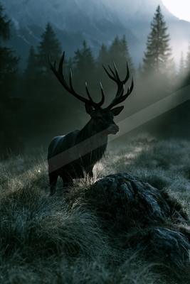 A large male deer with impressive antlers stands in a frosty grassy meadow with rocks, surrounded by tall pine trees and misty mountains in the background.