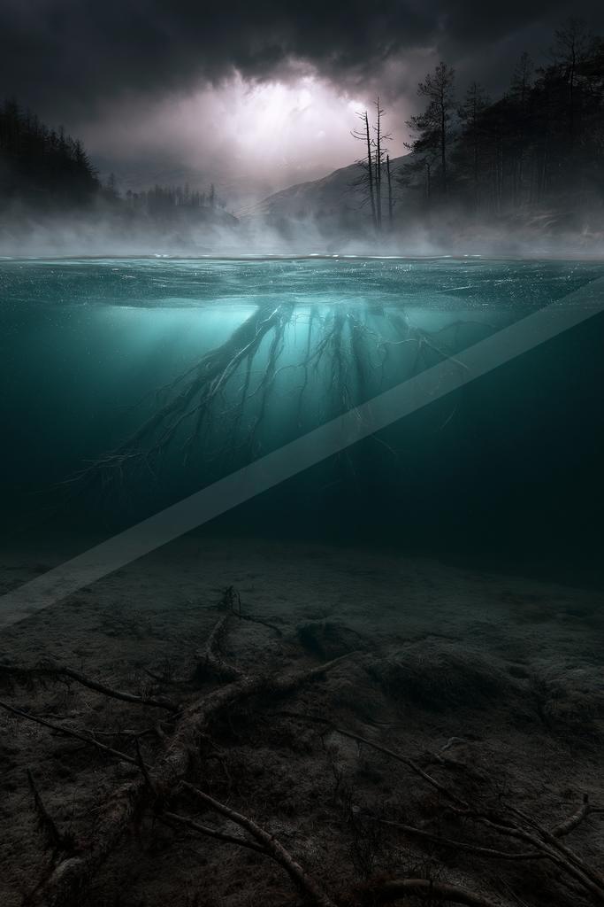 A night water scene of lake, river, waterfall.