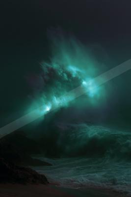 A moody water scene of ocean, starry sky, still life.