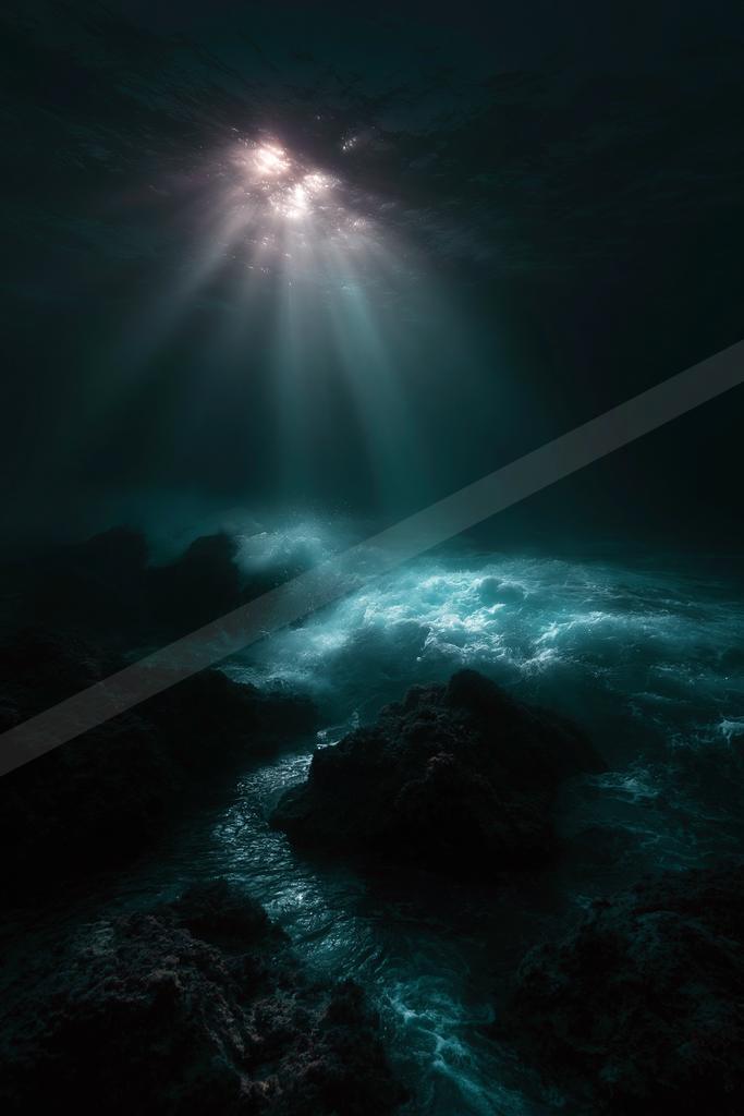 A night water scene of ocean.