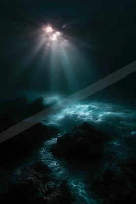A night water scene of ocean.