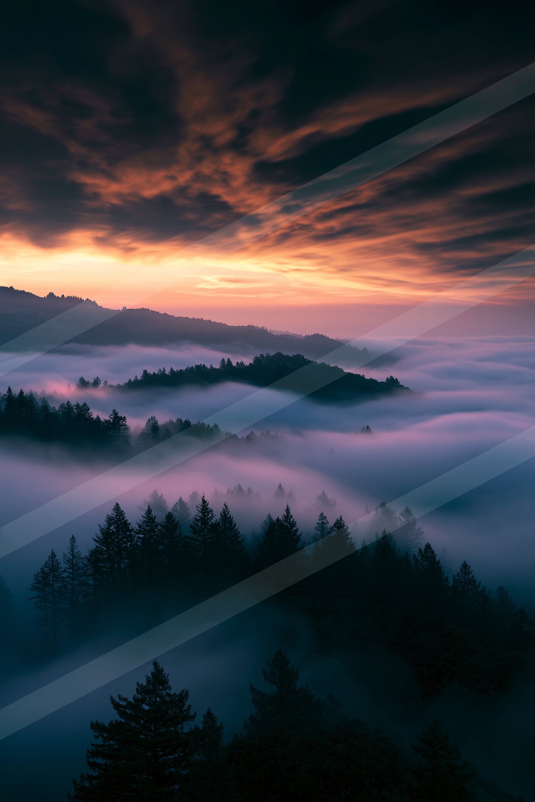 An ethereal panorama sky scene of a sunrise, fog.