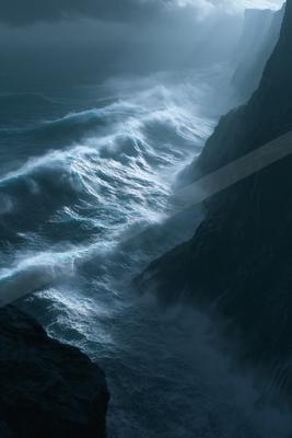 A dramatic long exposure water scene of ocean, storm, fog.