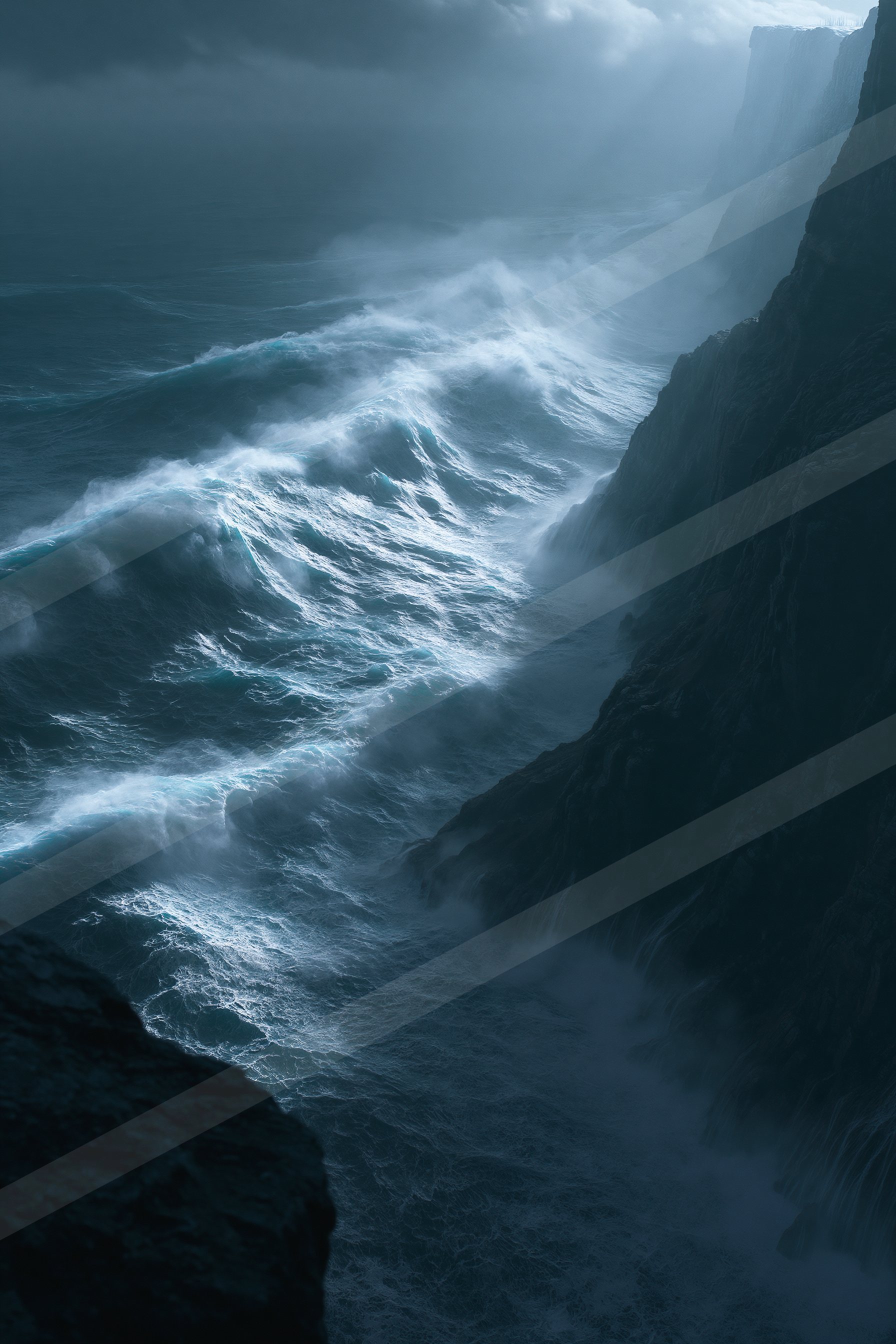 A mysterious long exposure water scene of an ocean waves, fog.