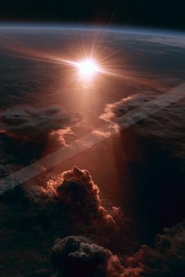 A dramatic sky scene of clouds, sunrise.