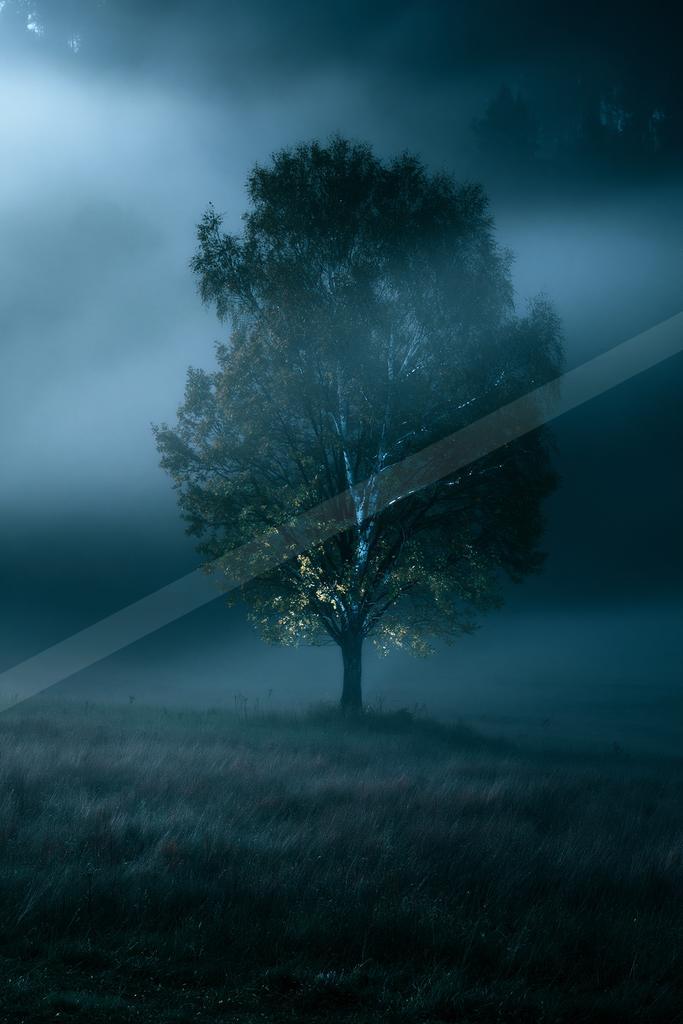 A solitary tree with glowing leaves stands in a grassy field shrouded in thick blue fog at night, creating a mysterious and atmospheric scene.