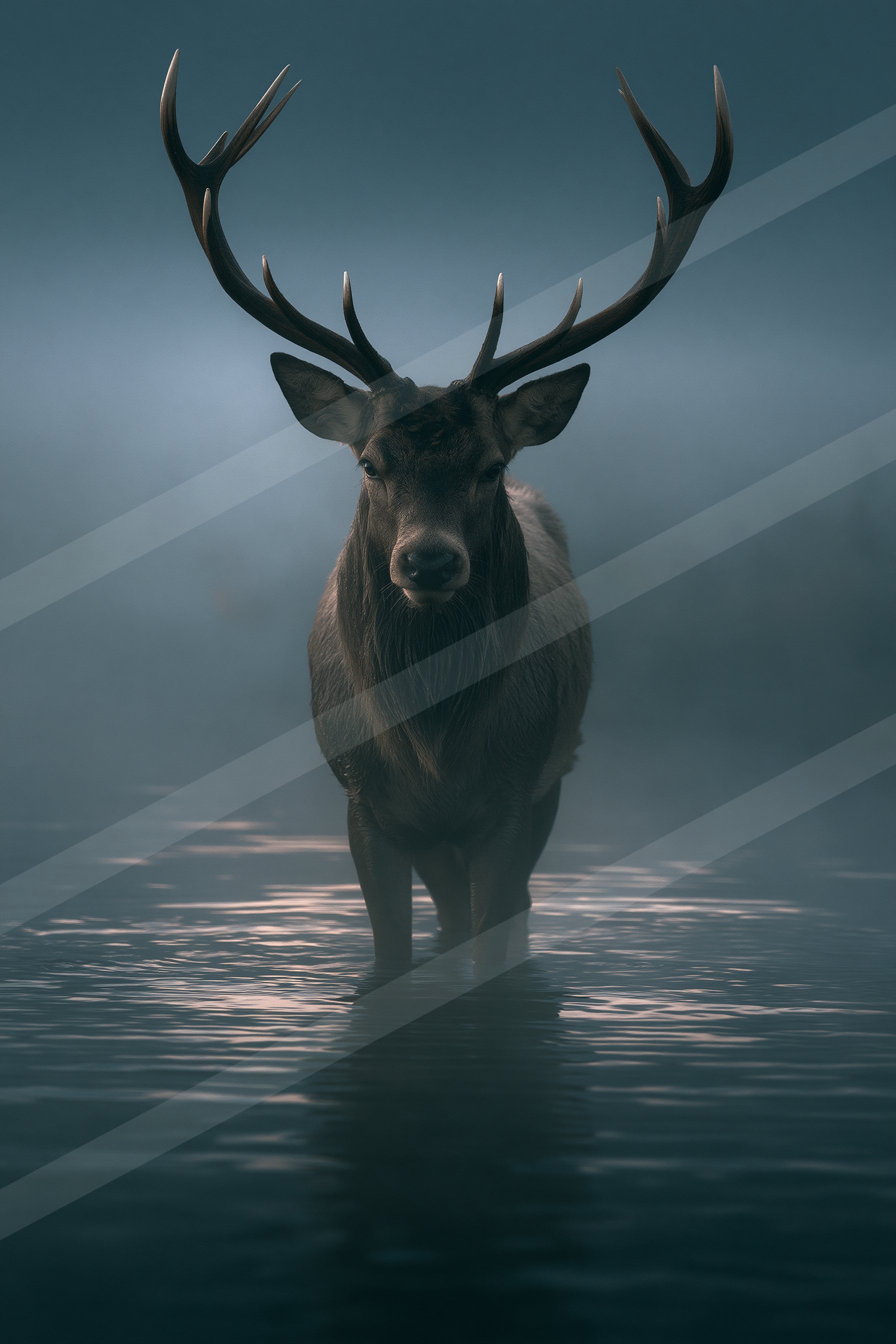 A powerful stag with large antlers stands calmly in shallow water, surrounded by a misty atmosphere.