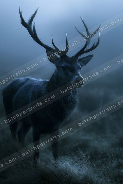 A powerful stag with large antlers stands silhouetted against a misty, atmospheric forest backdrop.