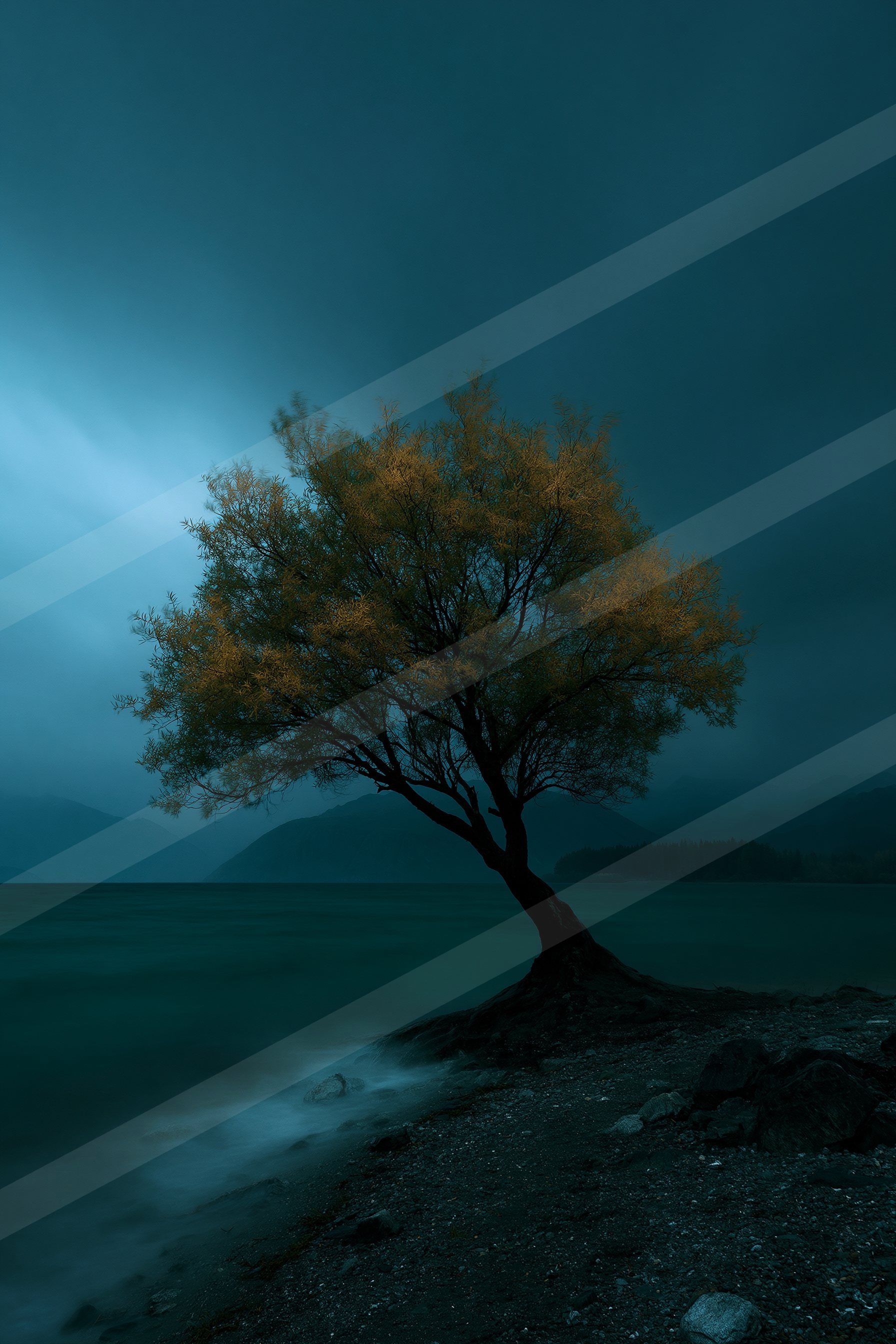 A lone tree with golden leaves stands on a rocky lakeshore under a moody twilight sky.