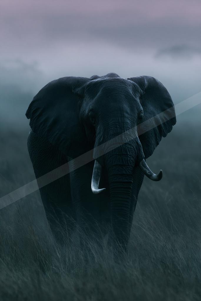 A large African elephant with prominent tusks walks directly toward the camera through tall grass in a foggy landscape with a pink and purple sky at dusk.