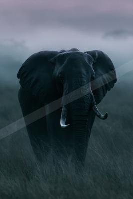 A large African elephant with prominent tusks walks directly toward the camera through tall grass in a foggy landscape with a pink and purple sky at dusk.