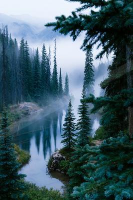 A serene water scene of river, lake, valley.