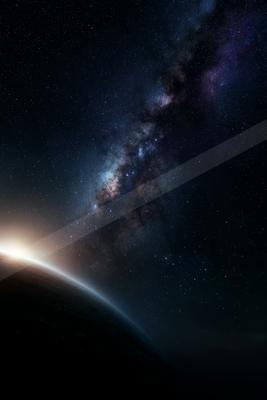 A night sky scene of galaxy, planet, nebula.