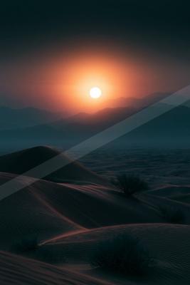 Golden sun setting over rolling sand dunes with sparse desert shrubs and layered mountain ranges in the background under a colorful sky.