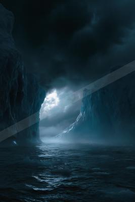 A night water scene of ocean, storm.