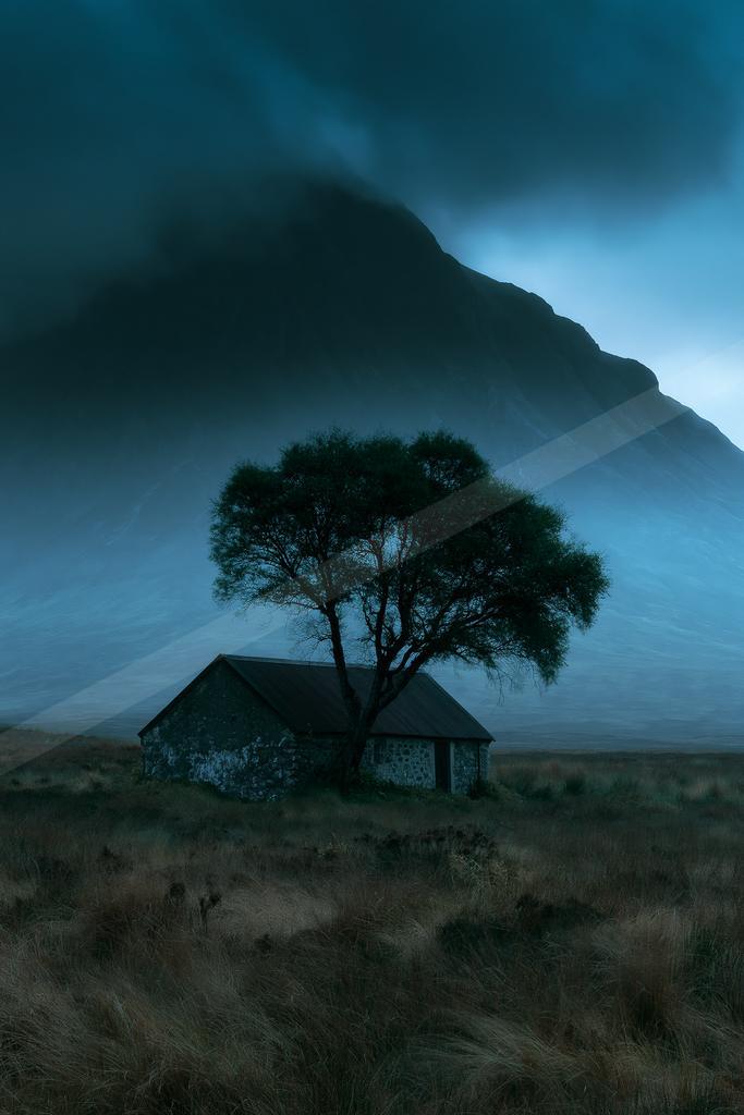 A night nature scene of trees, mountains, storm.