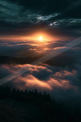 A night panorama sky scene of a sunrise, fog.