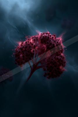 A night nature scene of trees, fog.