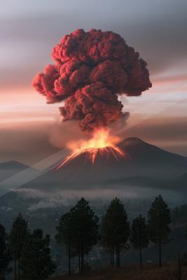 A powerful volcanic eruption with a glowing red lava fountain and a massive, billowing ash cloud illuminated in fiery red and orange hues against a dusky sky, o