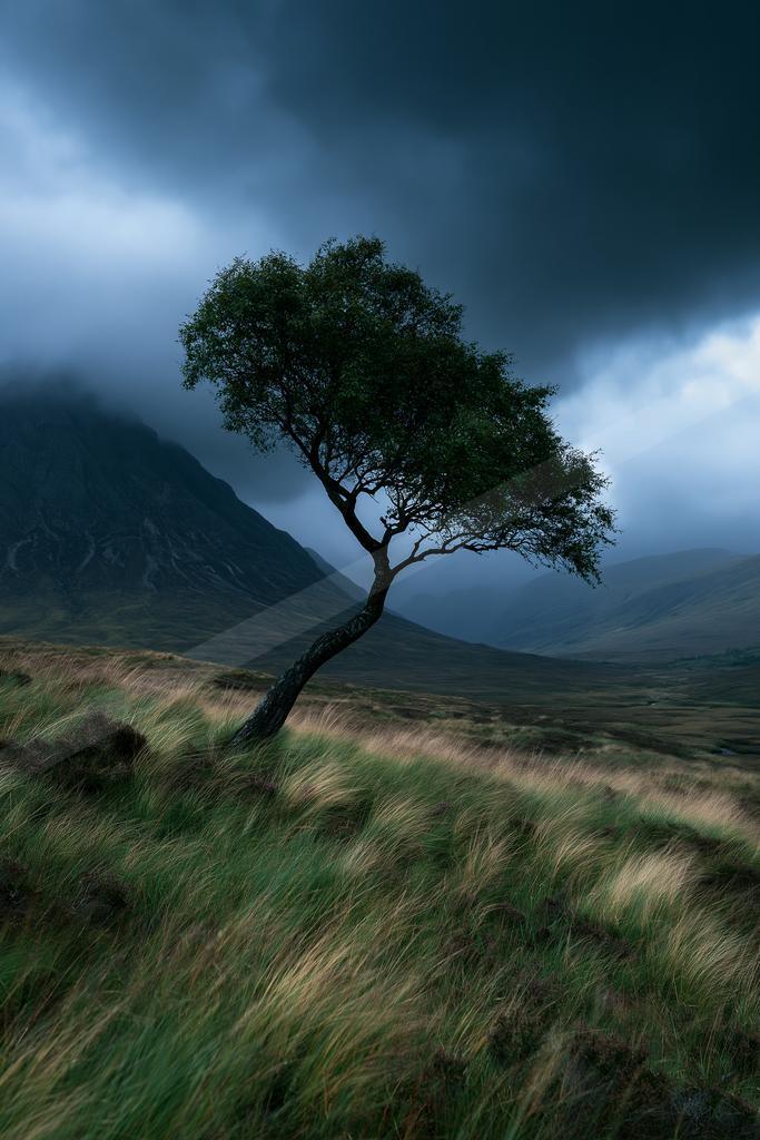 A black-toned moody photograph of valley, lakeside, volcano.