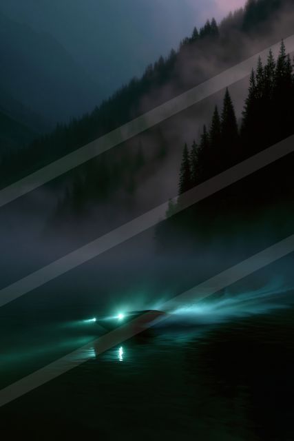 A boat with green lights glides across a misty lake surrounded by dense forest and mountains under a dark, atmospheric sky.